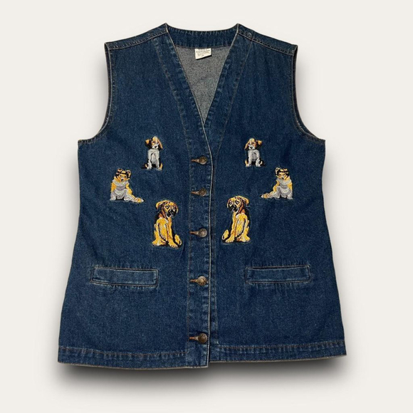 Vintage Jackets & Blazers - Vintage Dog Embroidered Denim Vest Casey Coleman Kitschy Waistcoat Size Small